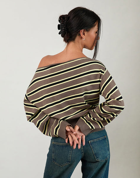 Image of Jalira Asymmetric Cinch Jumper in Stripe Brown and Yellow