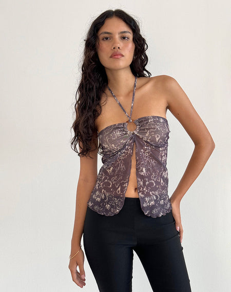 Carmina Tie Front Cami Top in Mesh Brown