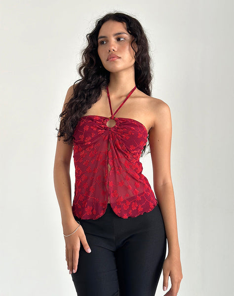 Image of Janar Halterneck Top in Grunge Flower Flock Red