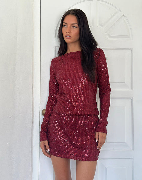 Image of Jasilia Long Sleeve Mini Dress in Gauzy Sequin Red