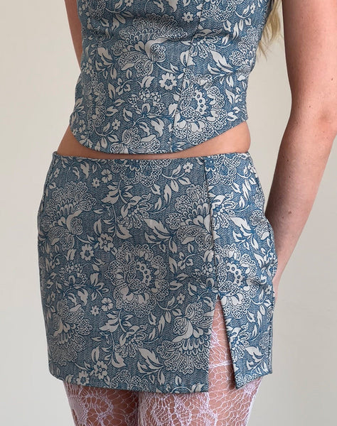 Image of Pravara Mini Skirt in Blue Ornate Print