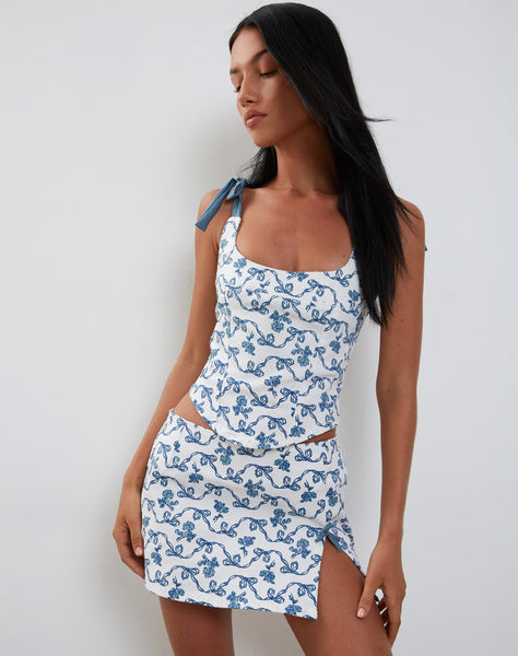 Image of Jatmi Corset Top in White and Blue Ribbon Print