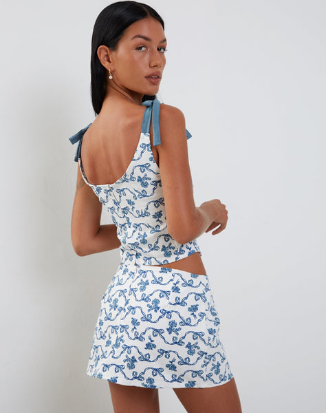 Image of Jatmi Corset Top in White and Blue Ribbon Print