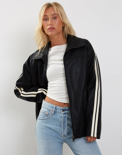 Image of Javana Zip Up Jacket in PU Black with Beige Stripe