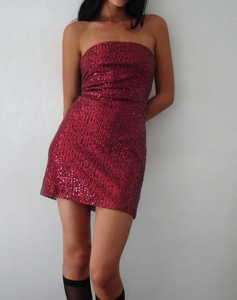 Image of Jeriah Bandeau Mini Dress in Drape Sequin Maroon