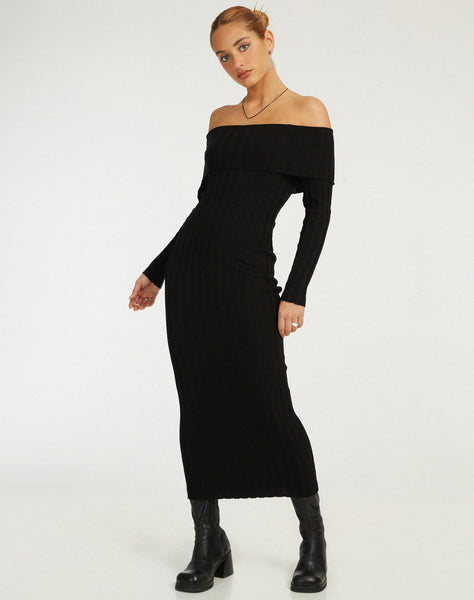 image of Jesuita Bardot Knitted Midi Dress in Black