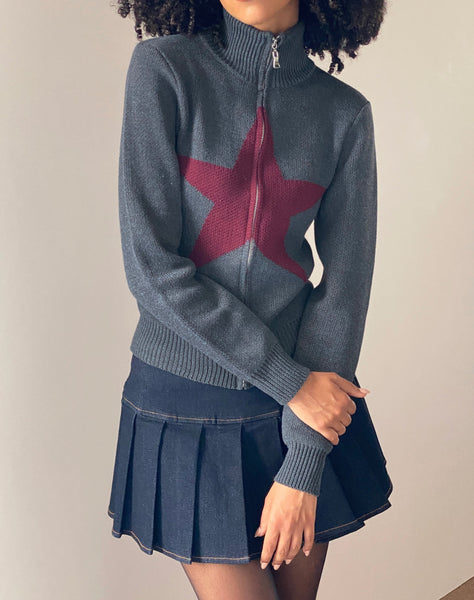 Image of Jimena Zip Through Cardigan in Grey with Burgundy Star Motif