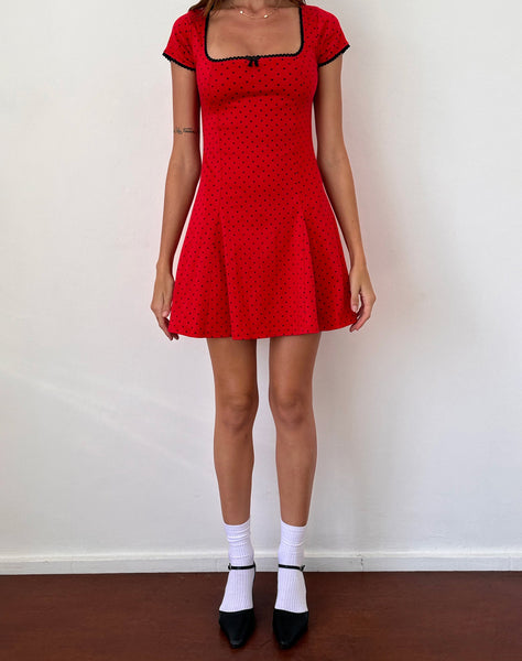 Image of Jinae Pleat Detail Mini Dress in Red Polka Sateen