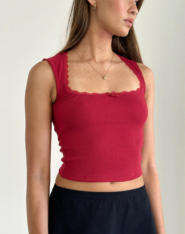 Image of Jinila Top In Adrenaline Red With Lace Trim And Bow