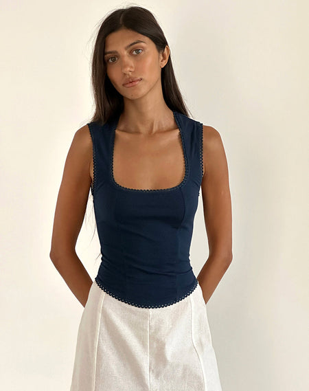 Arhan Sleeveless Top in Navy Poplin with White Trim