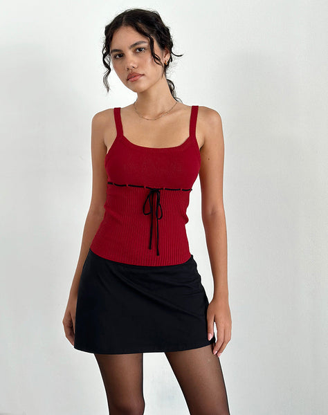 Image of Joanie Rib Cami Top in Red with Black Tie