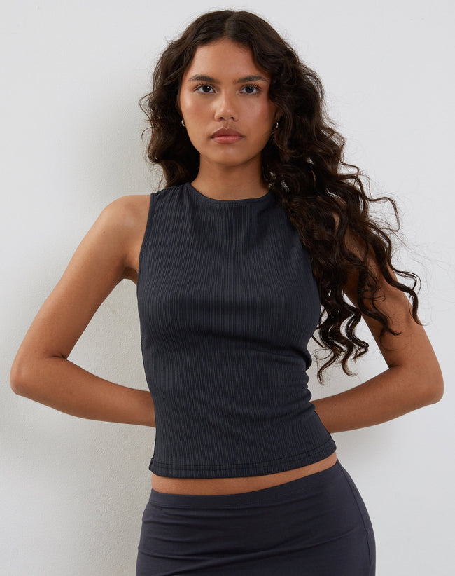 Image of Jordin High Neck Jersey Top in Ribbed Ocean Storm