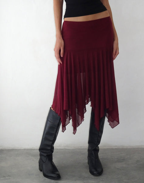 Image of Jovali Low Waist Midi Skirt in Mesh Maroon