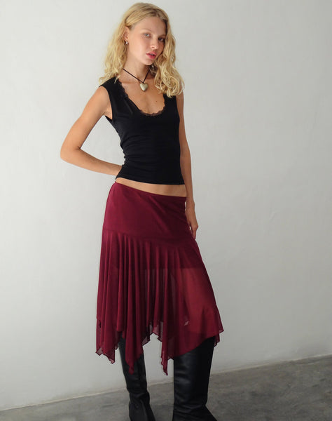 Image of Jovali Low Waist Midi Skirt in Mesh Maroon