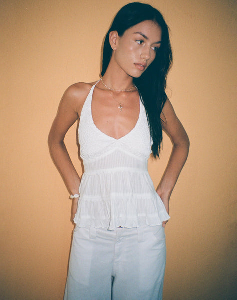 Image of Juanita Frill Halterneck Top in Crochet White