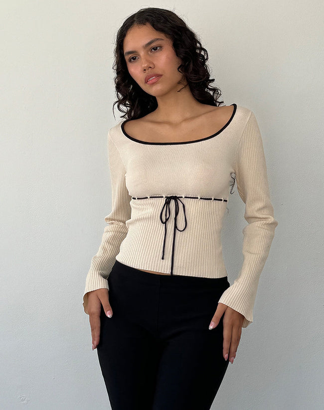 Image of Juhye Knitted Long Sleeve Top in Beige with Black Binding