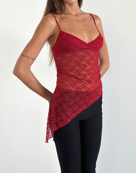 Octavia Asymmetric Cami Top in Lace Red