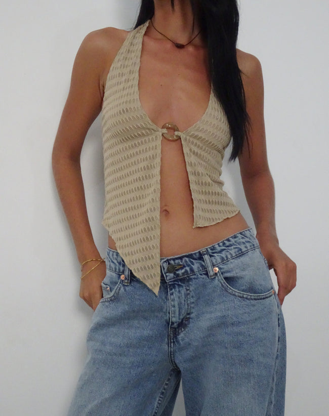 Image of Kacie Waffle Knit Halterneck Butterfly Top in Oat