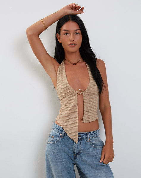 Image of Kacie Waffle Knit Halterneck Butterfly Top in Oat