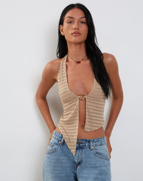 Image of Kacie Waffle Knit Halterneck Butterfly Top in Oat