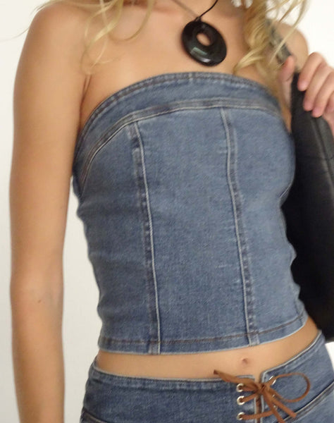 image of Kaiha Denim Bandeau Corset Top in Blue Wash