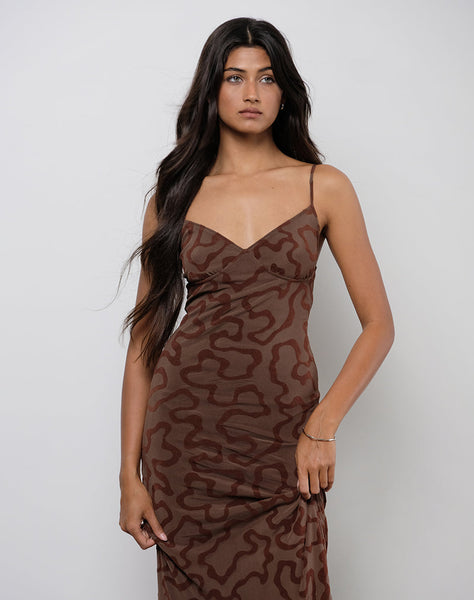 Image of Kalana Maxi Dress in Brown Swirl Flock