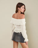 Image of Kalena Long Sleeve Bardot Top in Chiffon Plisse Ivory