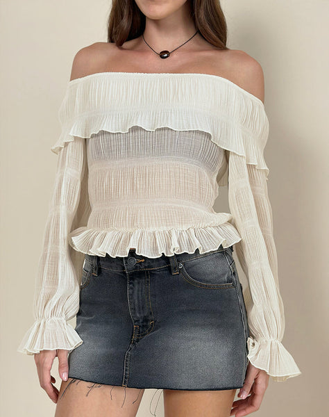 Image of Kalena Long Sleeve Bardot Top in Chiffon Plisse Ivory