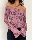 Image of Kareena Long Sleeve Bardot Top in Abstract Botanic Mauve