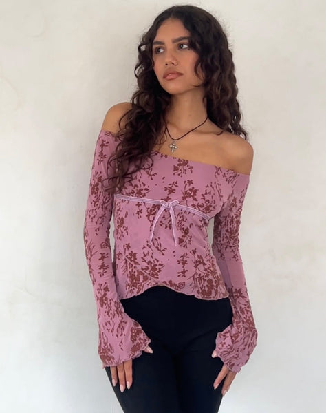 Image of Kareena Long Sleeve Bardot Top in Abstract Botanic Mauve