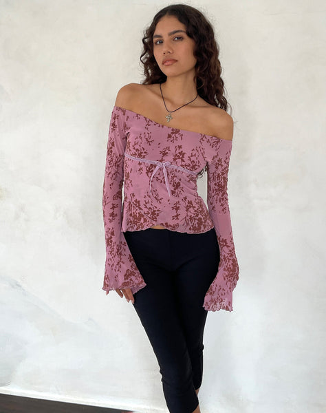 Image of Kareena Long Sleeve Bardot Top in Abstract Botanic Mauve