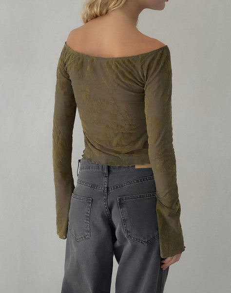 Image of Kareena Long Sleeve Bardot Top in Abstract Botanic Dark Olive