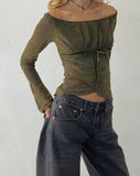 Image of Kareena Long Sleeve Bardot Top in Abstract Botanic Dark Olive