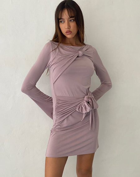 Narima Long Sleeve Bardot Mini Dress in Wisteria Purple