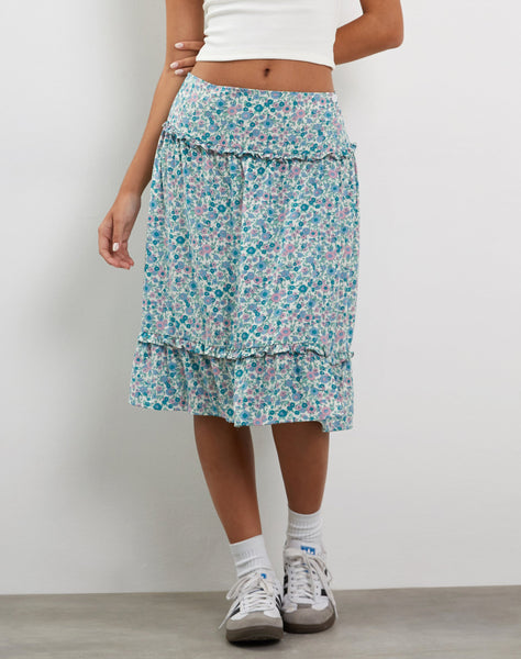 Image of Kasya Frill Hem Midi Wrap Skirt in Flower Power Blue