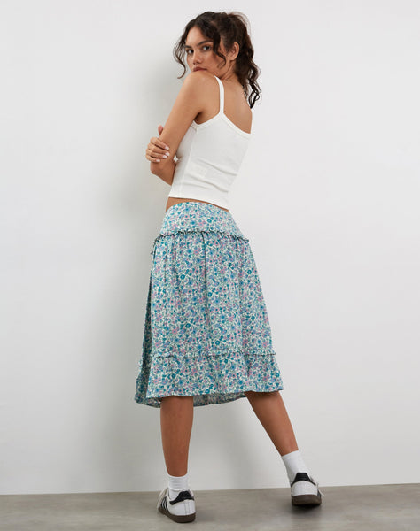 Image of Kasya Frill Hem Midi Wrap Skirt in Flower Power Blue