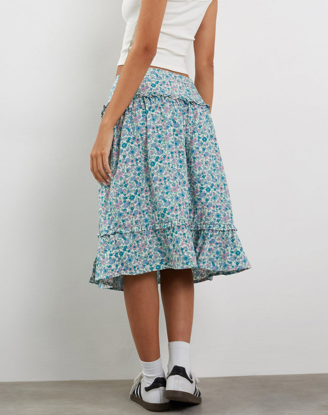 Image of Kasya Frill Hem Midi Wrap Skirt in Flower Power Blue