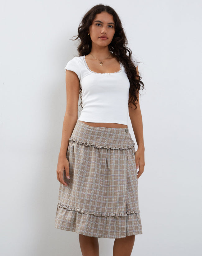 Image of Kasya Frill Hem Wrap Midi Skirt in Taupe Check