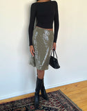 Image of Kavi Midi Skirt in Khaki Green Clear Sequin