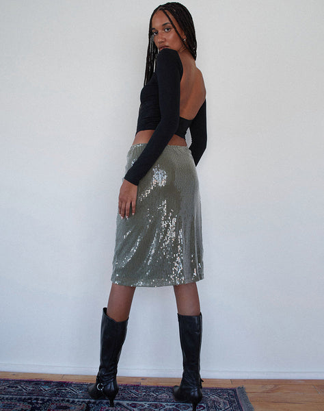 Image of Kavi Midi Skirt in Khaki Green Clear Sequin