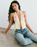 Image of Kayria Tie Top in Lemon with Floral Pink Embroidery