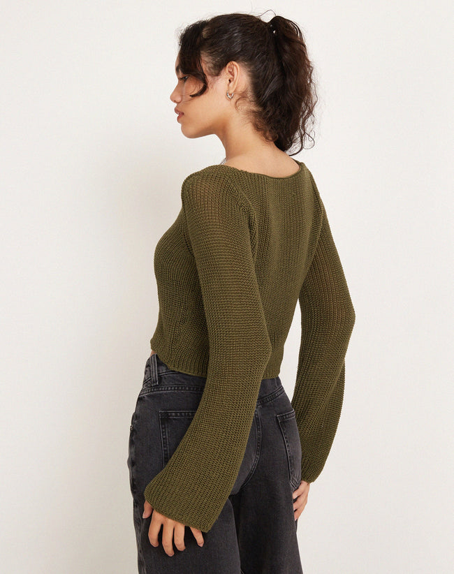 Image of Kazayo Long Sleeve Knit Top in Chive Green