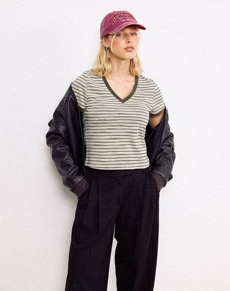 Dalene Asymetric Long Sleeve Top in Grey and Black Stripe