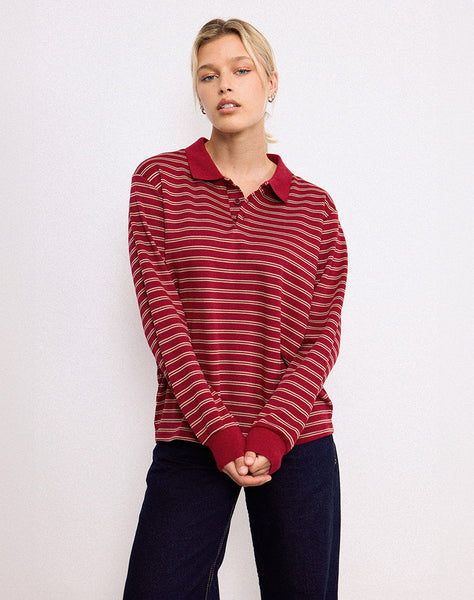 Image of Kemillau Baggy Shirt in Burgundy with White Stripes