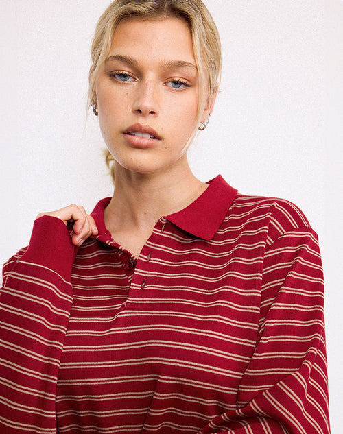 Image of Kemillau Baggy Shirt in Burgundy with White Stripes