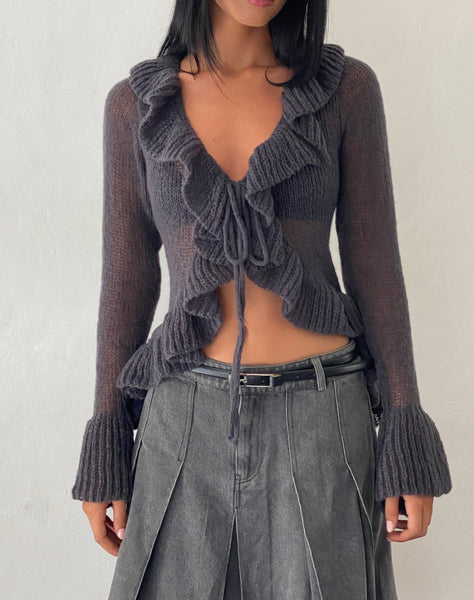 Image of Kendra Ruffle Cardigan in Dark Charcoal Knit