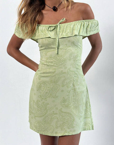 Image of Kenja Bardot Mini Dress in Retro Paisley Lime