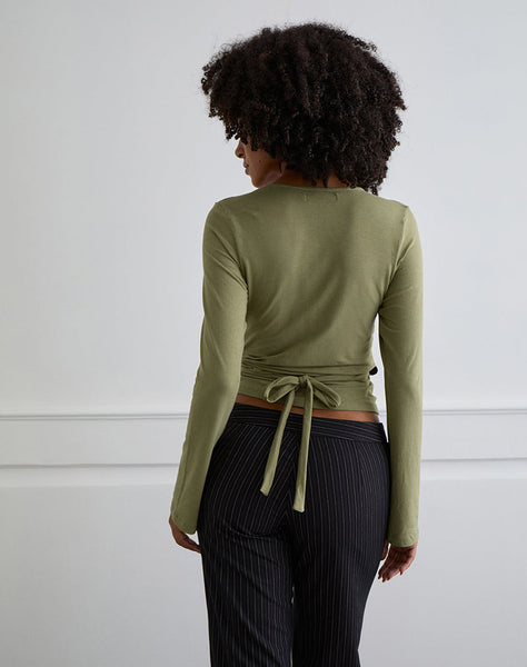 Image of Kien Long Sleeve Wrap Top in Olive