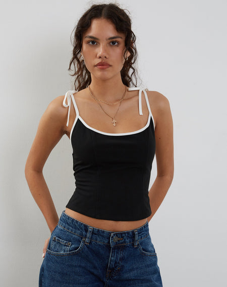 Darcie Pointelle Top in Black with White Tipping