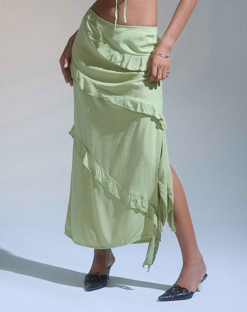 Image of Varena Low Rise Ruffle Maxi Skirt in Mint Sage